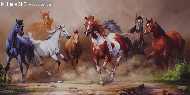 八骏图油画图片