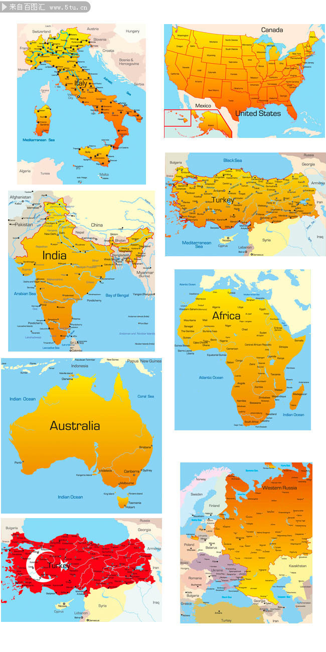 各大洲地图矢量