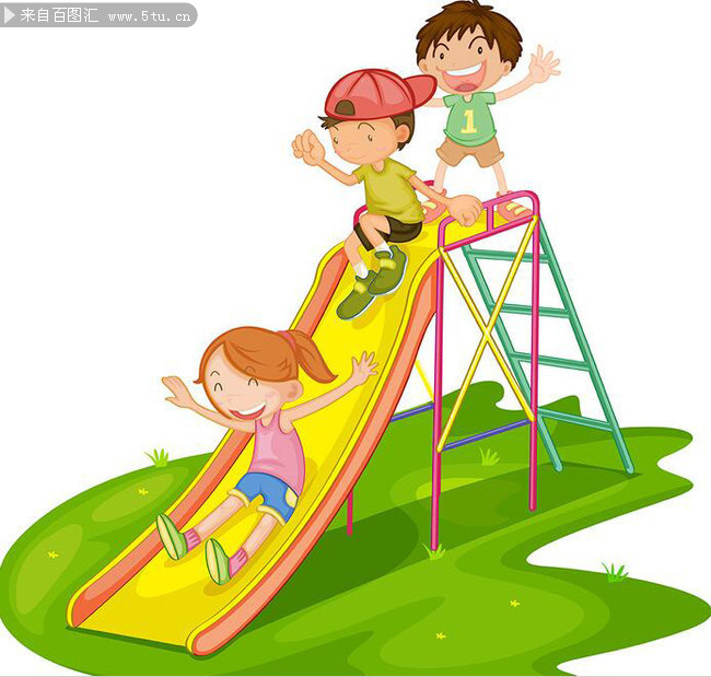 玩滑滑梯的卡通小孩矢量图片素材