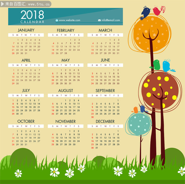 2018卡通手绘日历图片-矢量素材-百图汇设计素