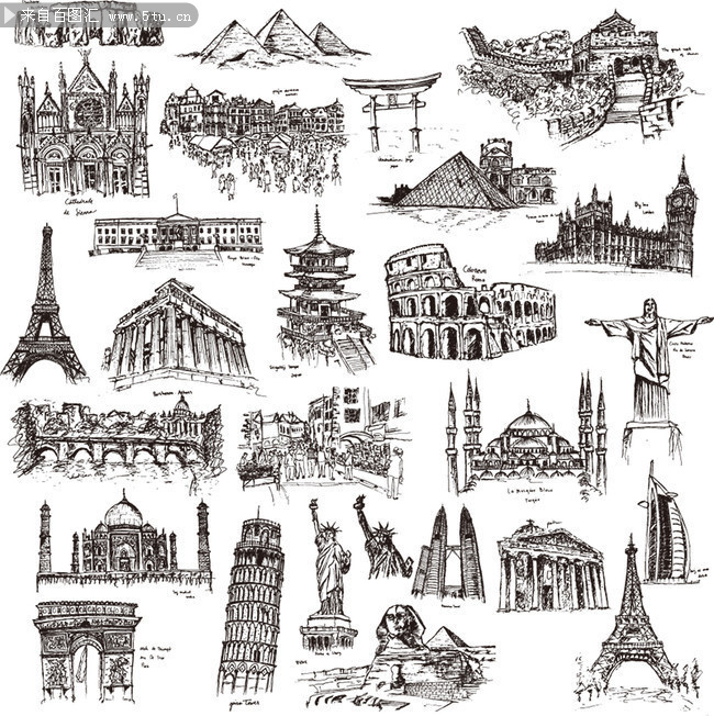 手绘中国著名建筑矢量图