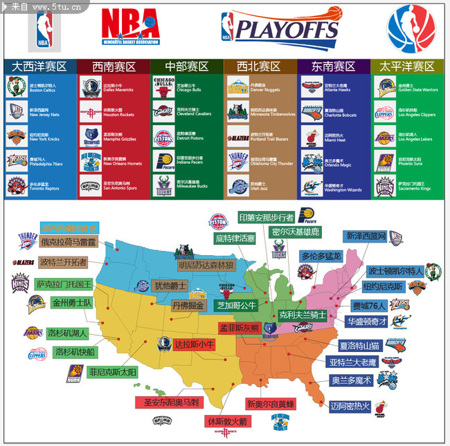 NBA队标及分布图矢量素材