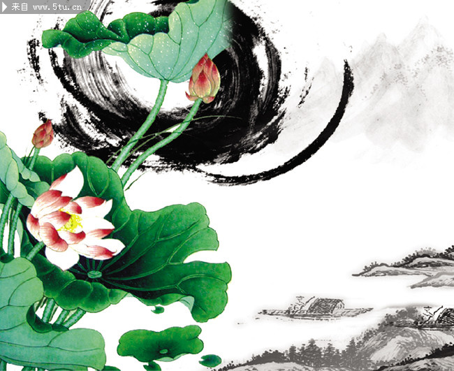 古韵,古代花边,荷花,国画 dcl - PSD分层素材 - 百