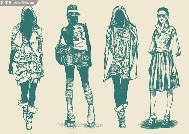 复古风格服装设计稿_女人_矢量人物_矢量素材