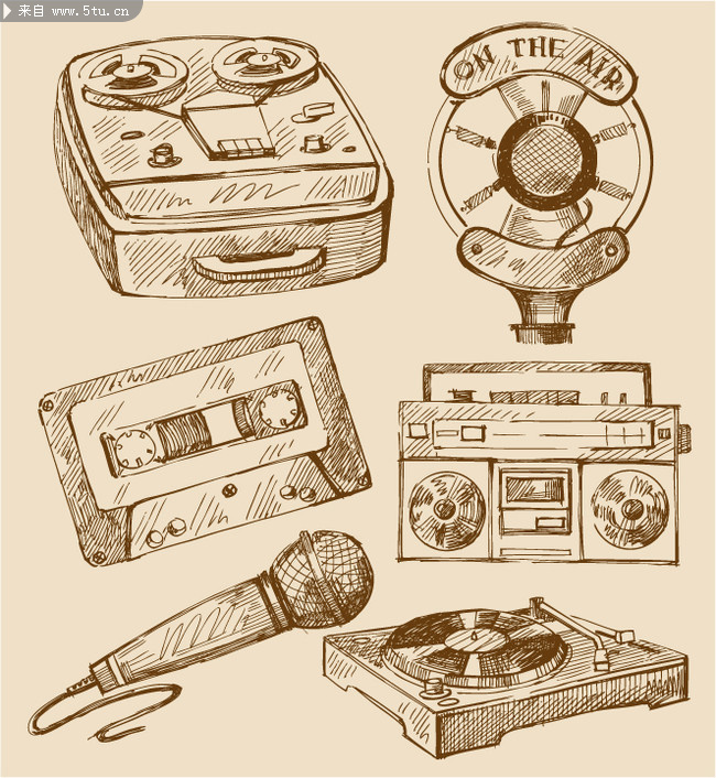 图片素材内容: 80年代 玩具 线稿  怀旧 风格 话筒  留声机