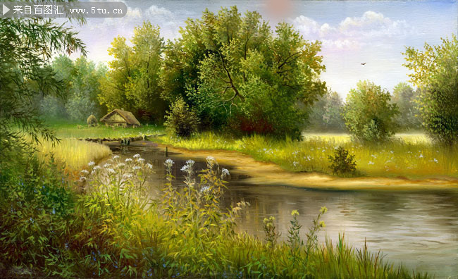农舍田园风光 自然风景油画作品-高清图片-百图汇设计