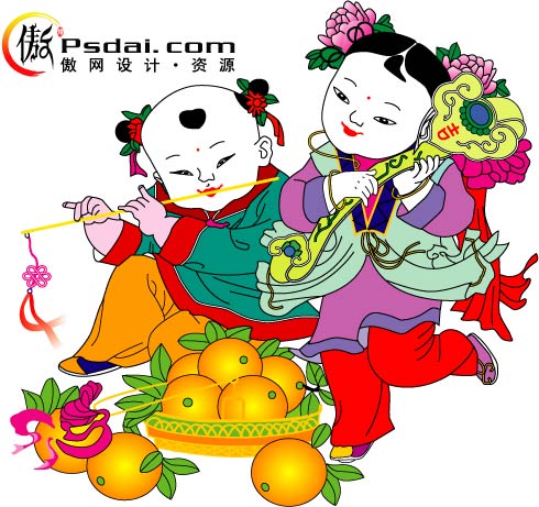 03 如意童子送福年画矢量图