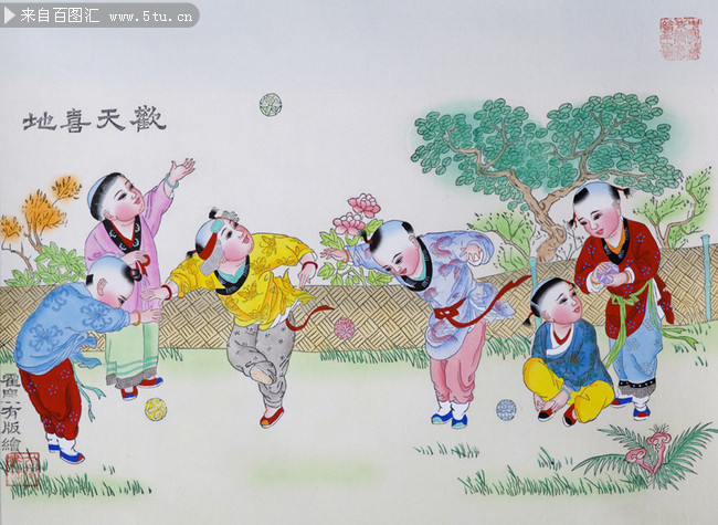 杨柳青木版年画欢天喜地图片