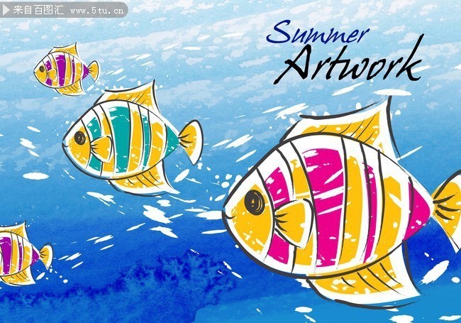 卡通海洋五彩鱼水彩插画