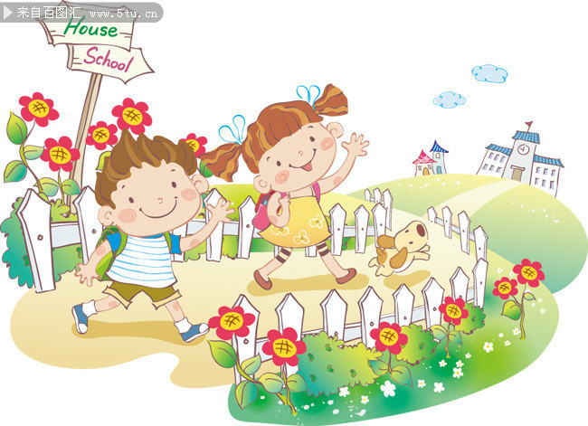 花园里玩耍的儿童卡通插画素材