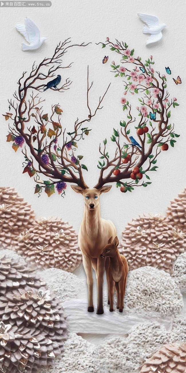 富贵麋鹿玄关壁画图片