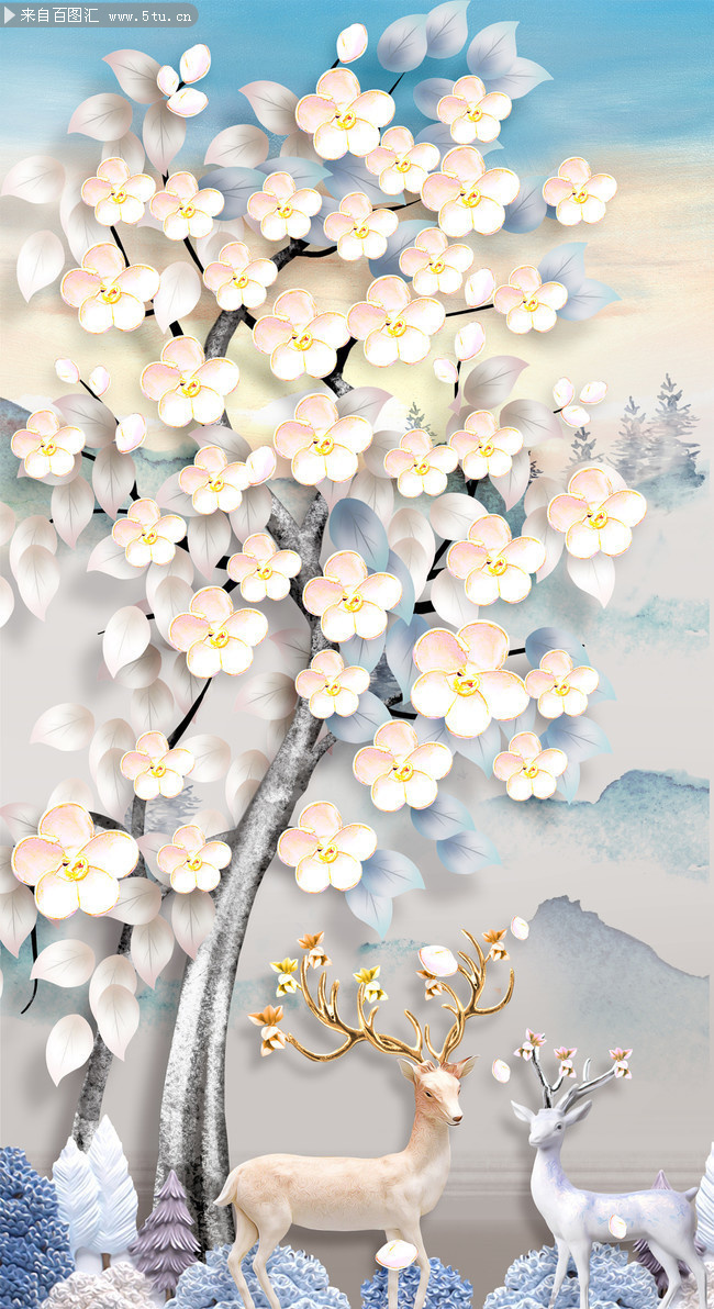 富贵麋鹿玄关墙画素材