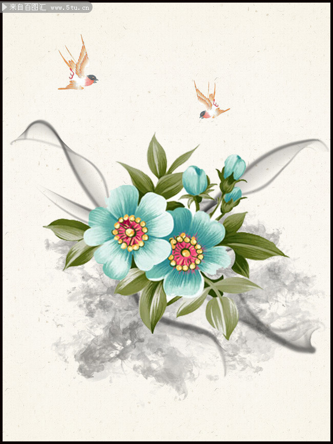 复古水墨花朵装饰画下载-psd素材-百图汇设计素材