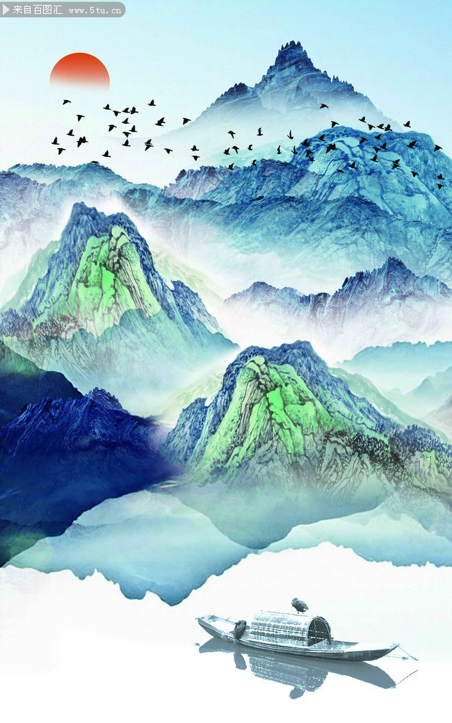 水墨江山美景装饰壁画素材