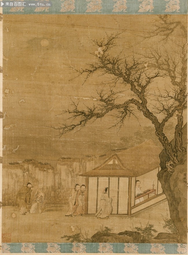 明唐寅听琴图人物古画图片