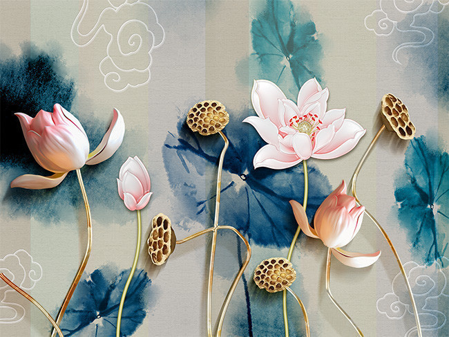 新中式水墨莲花装饰画墙画