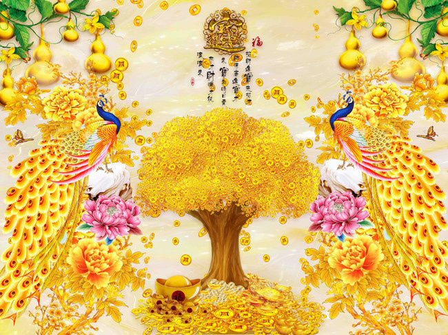 摇钱树富贵招财进宝背景墙设计