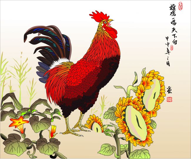 少见的金鸡报喜矢量图