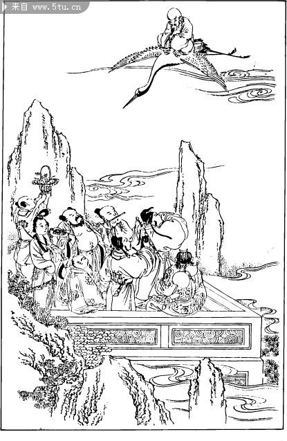 国画白描八仙画谱线条矢量图