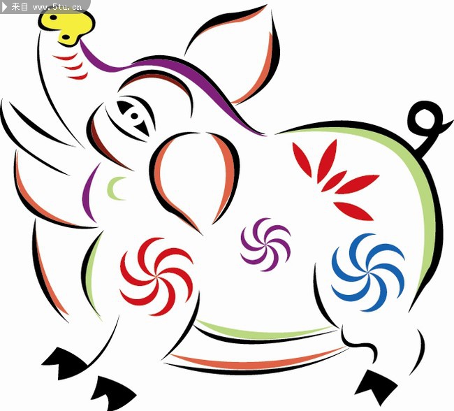 剪纸卡通花纹猪海豚矢量图