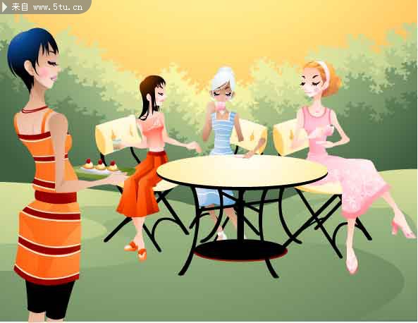 卡通时尚女孩美容聚会野餐等场景精选插画