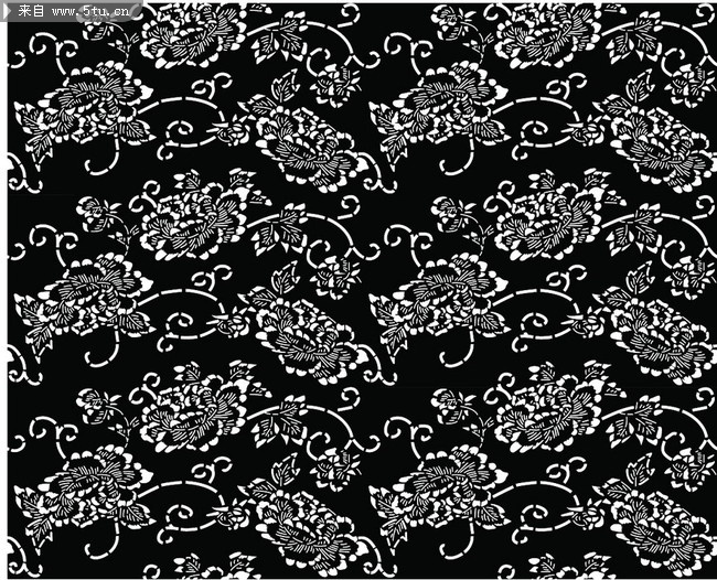 传统平铺黑底白牡丹花纹背景矢量素材