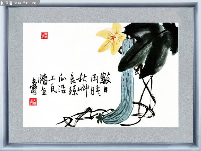 图片素材内容:潘天寿银画框装饰画,翠羽鸣春,国画,水墨画,中堂画,丝瓜