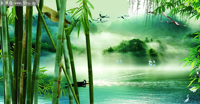 风景国画绿竹山水图psd分层素材