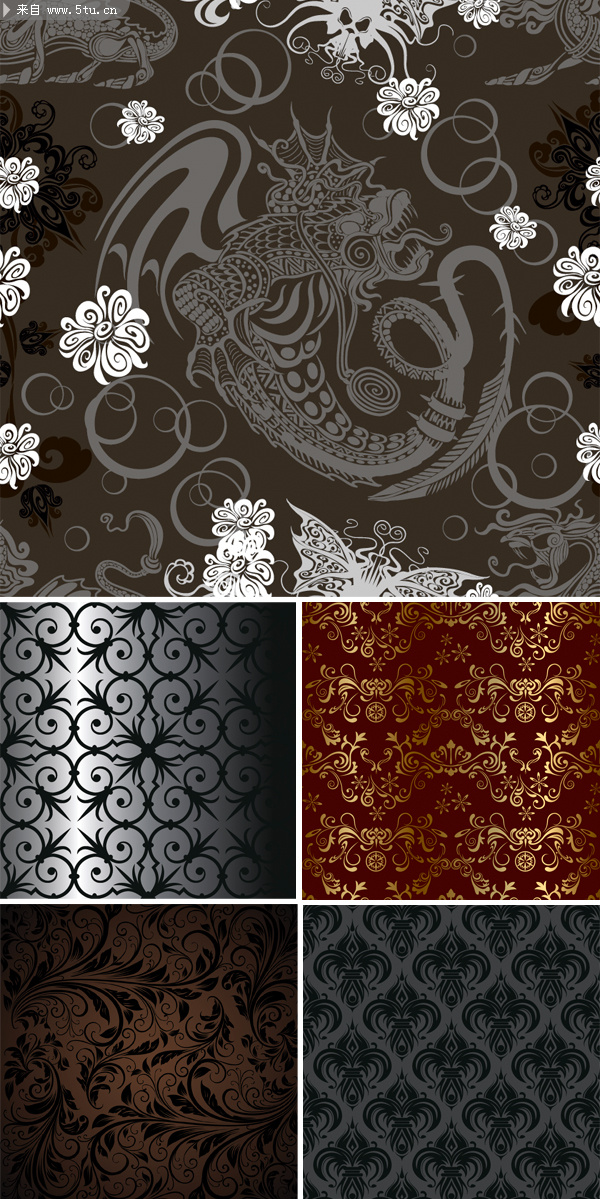 5款古典暗纹欧式墙纸花纹-矢量素材-百图汇设计素材