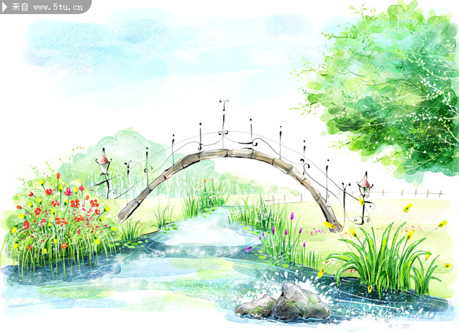 手绘乡村风景插画小桥流水