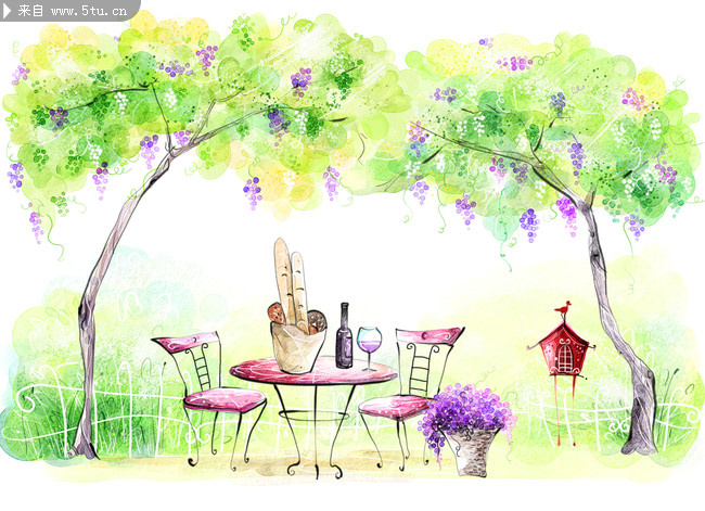 夏日葡萄架下手绘插画