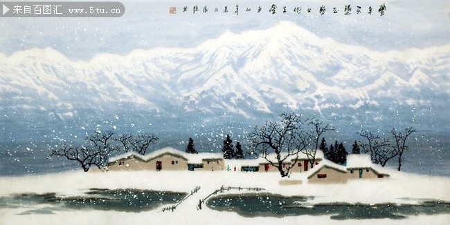 雪山风光国画风景图片素材