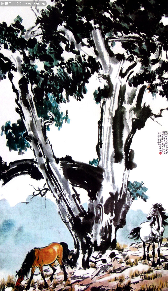 大树双马 国画 徐悲鸿