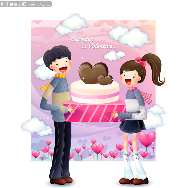 卡通情侣手捧蛋糕漫画矢量素材