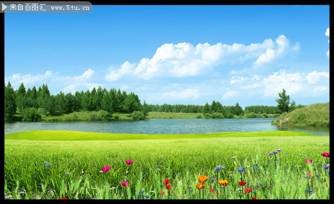 春天草地湖泊风景图片