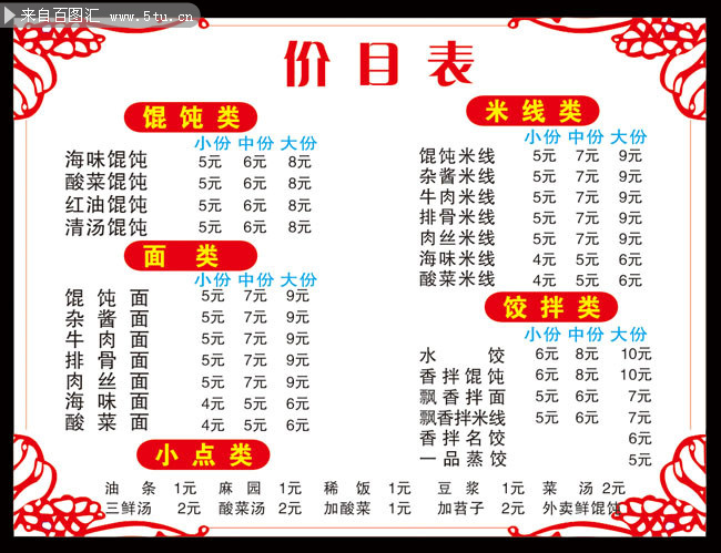 餐饮店价目表矢量素材