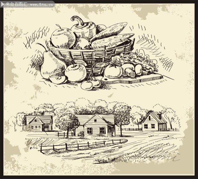 实用手绘蔬果和风景农场